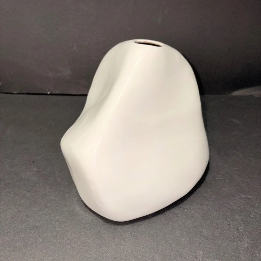 Modernist White Ceramic Asymmetrical Organic Pebble Bud Vase Sculptural Decor